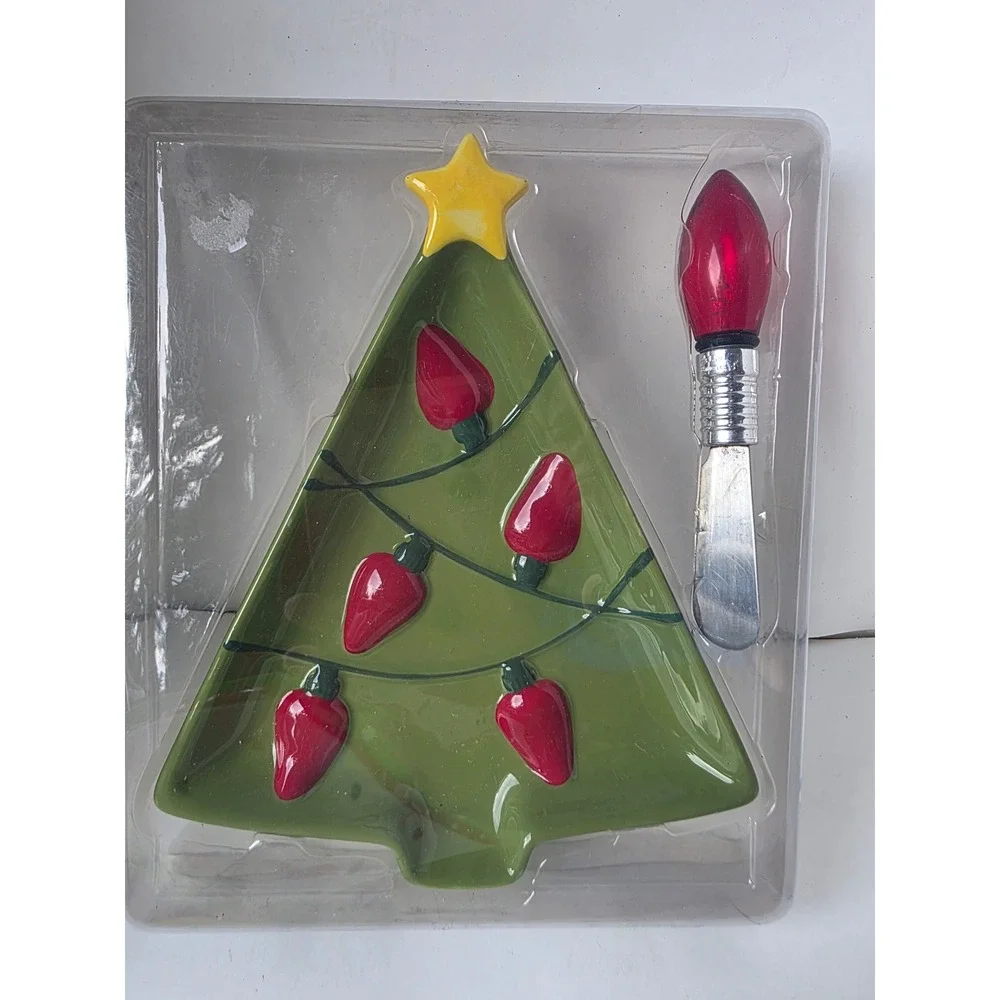 Hallmark Christmas Tree Appetizer Plate and Spreader Set Red Light Bulbs Ceramic